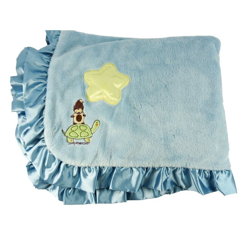 Twinkles of Joy Baby Blanket Satin Ruffle Edges Blue Turtle Star Exc Cond 30x40